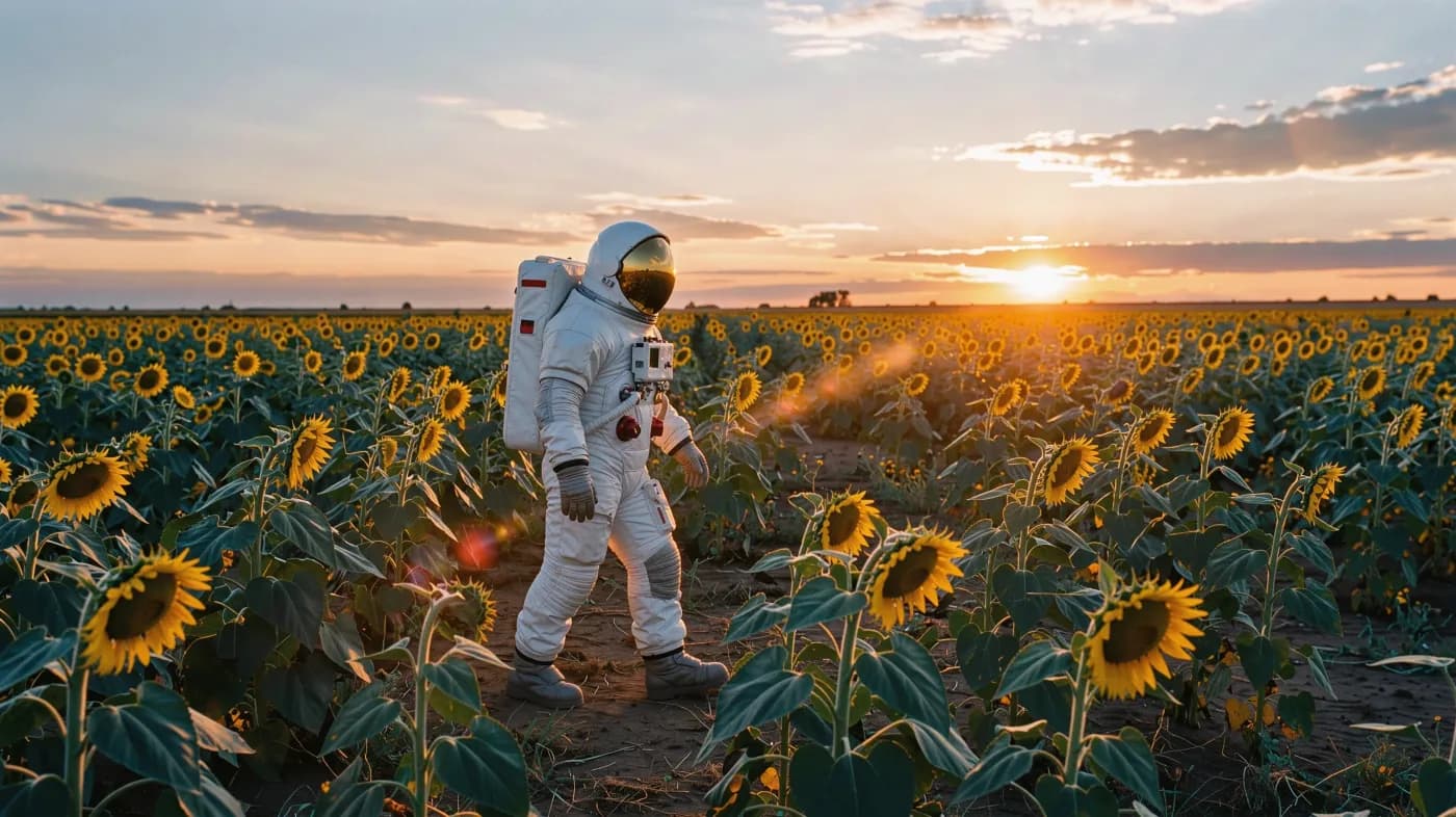 Cinematic film still of a lone astronaut walking through a field of tall sunflowers at golden hour, anamorphic lens flare, 35mm
