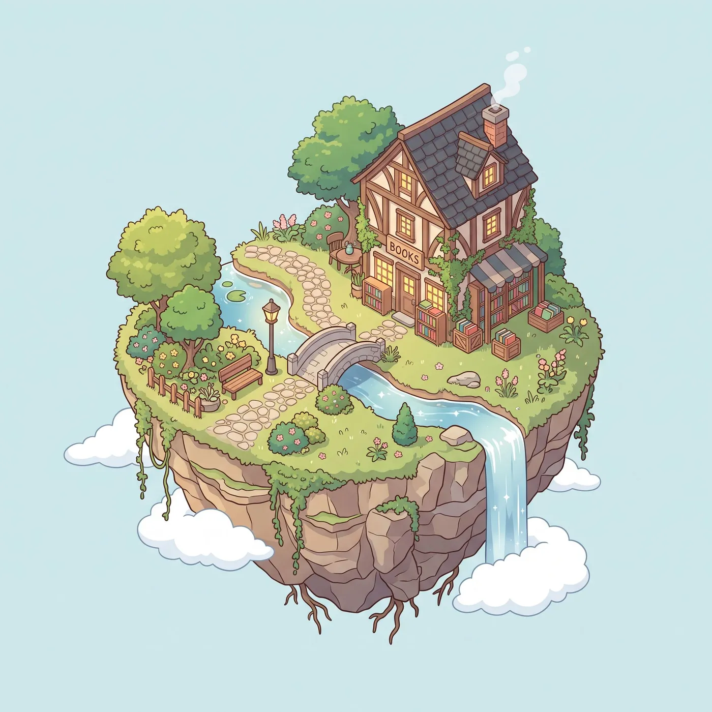 Isometric illustration of a tiny floating island with a cozy bookshop, a waterfall and a winding path, clean vector style, soft colors