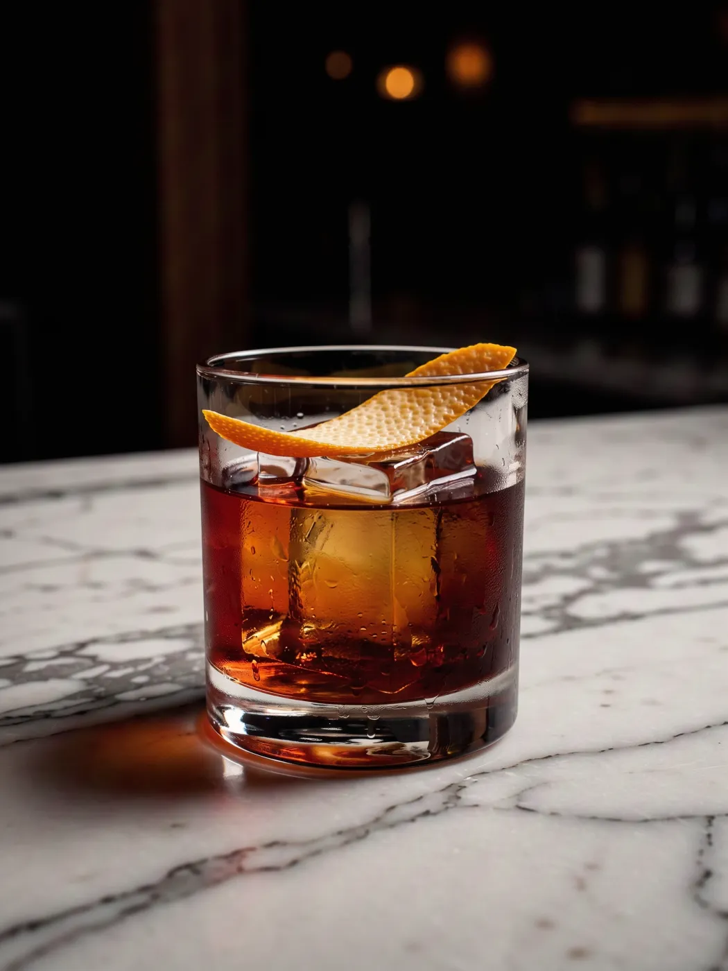 A negroni with a large clear ice cube and an orange peel on a marble bar, moody low-key lighting, deep shadows