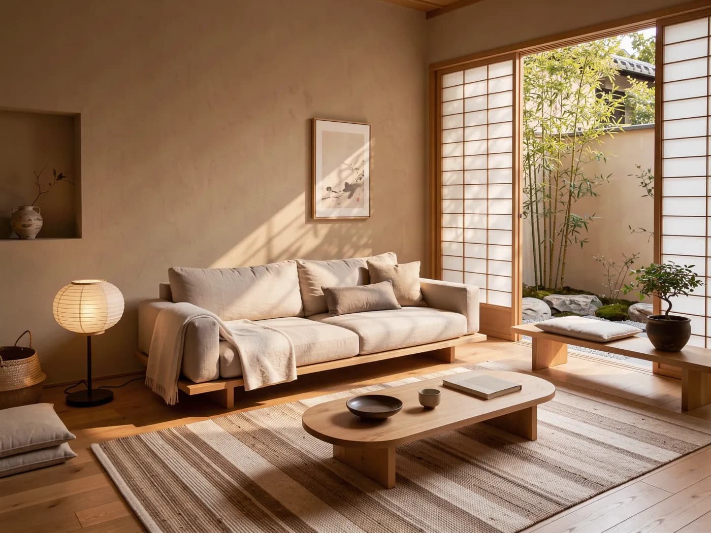 Warm Japandi living room with a low linen sofa, a paper lantern lamp and afternoon sun through shoji screens, interior design photography