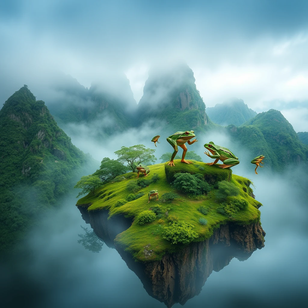 A natural island with frogs dancing in the mountains, greenery and mystic fog