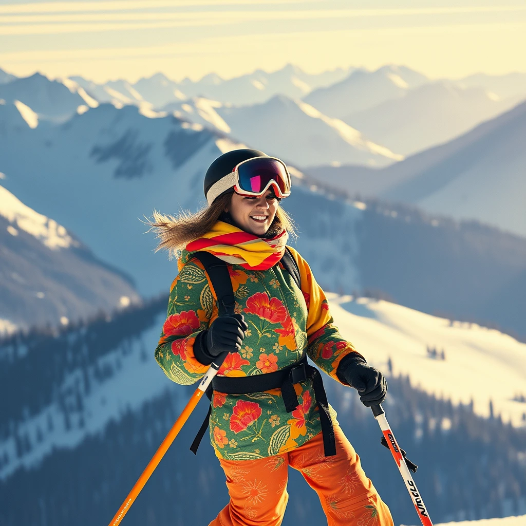 A women skiing on the mountains wearing vibrant clothing in the style of a japanese poster