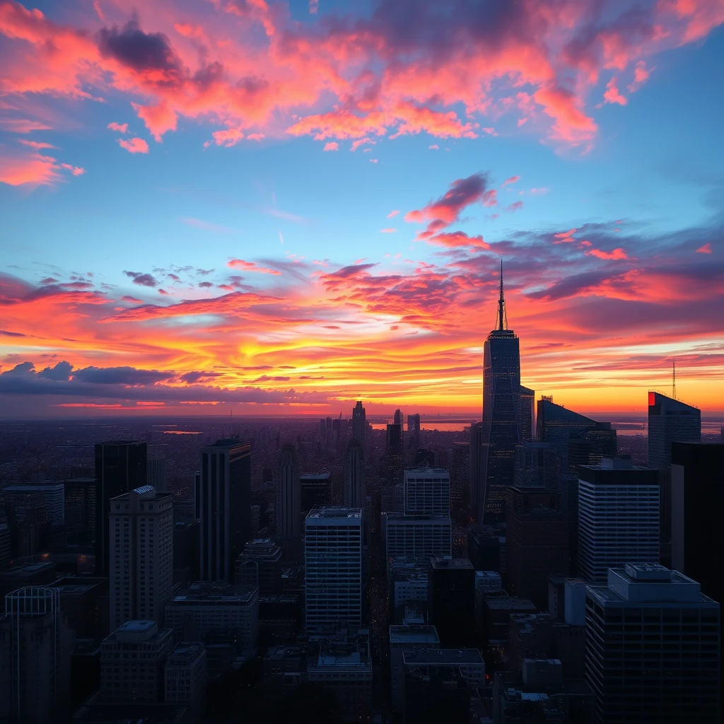 A vibrant city skyline with a beautiful sunset.